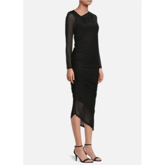 Calvin Klein Women's Asymmetric Hem Ruched Midi Black Sheath Dress Small - Picture 3 of 14